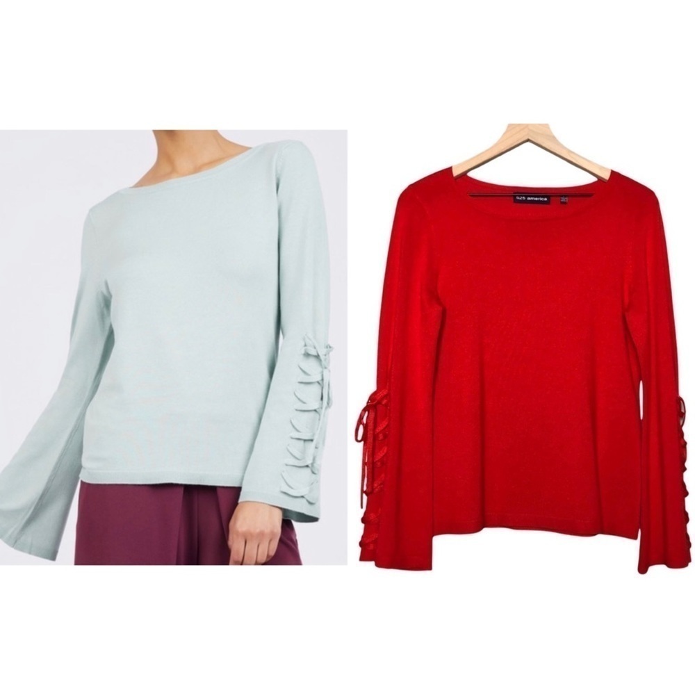 REVOLVE‎ / 525 AMERICA Red Long Lace Up Bell Sleeve Boatneck Sweater Size S